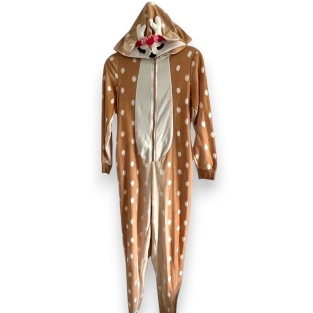 New Women Plus Size 1X/2X Deer Fawn Union Suit Hooded Spotted‎ Fleece Brown - Picture 2 of 8